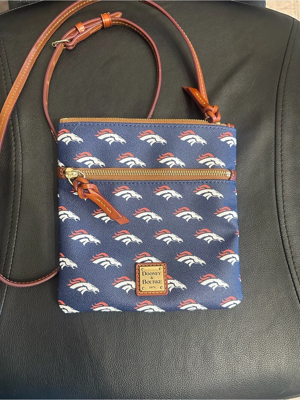 Dooney & Bourke Navy Denver Broncos Logo Crossbody with Brown Leather Trim